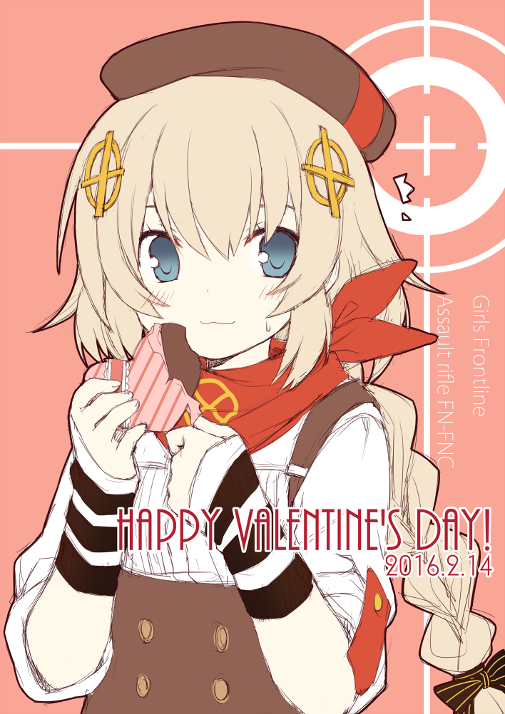 1girl arm_warmers beret blue_eyes braid brown_headwear candy character_name chocolate copyright_name dated english_text fnc_(girls'_frontline) food food_bite girls_frontline hair_ornament happy_valentine hat heart heart-shaped_chocolate light_brown_hair long_hair looking_at_viewer red_scarf scarf shenbei_xiaoqiu smile solo upper_body valentine