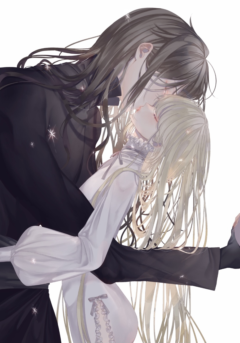 1boy 1girl age_difference bishounen black_robe blonde_hair closed_eyes couple dress from_side grey_hair hetero kiss long_hair msa_(fary_white) original profile robe simple_background very_long_hair white_background white_dress