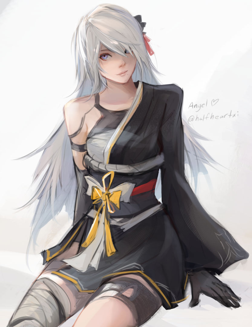 1girl angel_(halfheartxi) arm_support armlet asymmetrical_legwear bandaged_leg bandages black_kimono black_tank_top bow closed_mouth commentary elbow_gloves english_commentary gloves hair_over_one_eye invisible_chair japanese_clothes joints kimono long_hair long_sleeves mole mole_under_mouth nier:automata nier_(series) ribbon robot_joints simple_background single_thighhigh sitting solo tank_top thigh-highs twitter_username violet_eyes white_background white_bow white_hair white_ribbon wide_sleeves yellow_bow yellow_ribbon yorha_type_a_no._2