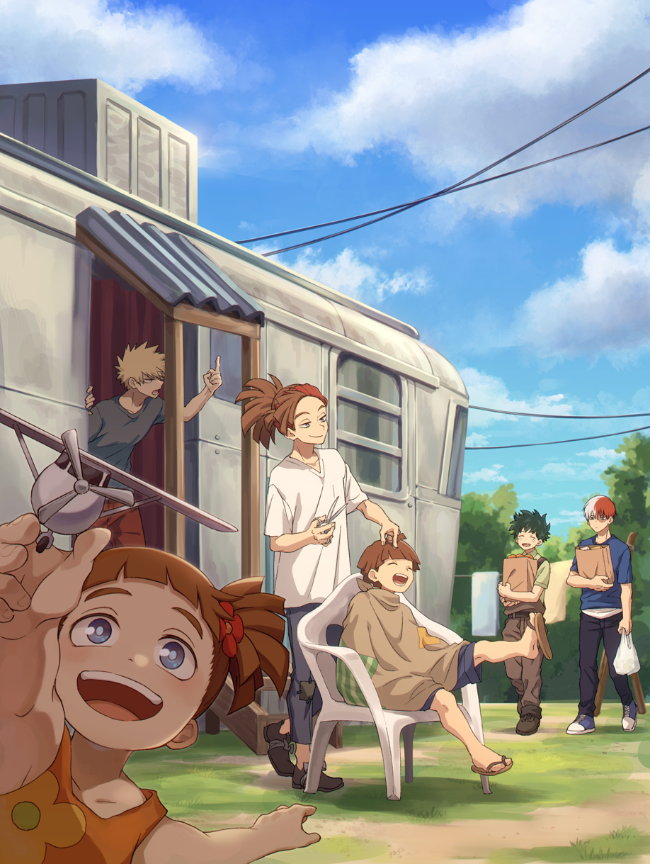 1girl 5boys ^_^ akiyama_(noconoco) arm_up awning bag bakugou_katsuki black_pants blonde_hair blue_eyes blue_footwear blue_shirt blue_sky blush boku_no_hero_academia brother_and_sister brothers brown_footwear brown_hair brown_pants burn_scar chair closed_eyes clothesline clouds commentary_request cutting_hair day dress expressionless flip-flops floral_print freckles grass green_hair green_shirt groceries hair_ornament highres holding holding_bag holding_scissors lala_soul long_hair looking_at_another middle_finger midoriya_izuku multicolored_hair multiple_boys on_chair open_mouth orange_dress outdoors pants paper_bag ponytail power_lines redhead rody_soul roro_soul sandals scar scar_on_face scissors shirt shoes short_hair short_sleeves siblings side_ponytail sitting sky sleeveless sleeveless_dress smile smirk spiky_hair split-color_hair standing t-shirt teeth todoroki_shouto toy toy_airplane trailer tree two-tone_hair upper_teeth_only v-shaped_eyebrows walking white_hair white_shirt