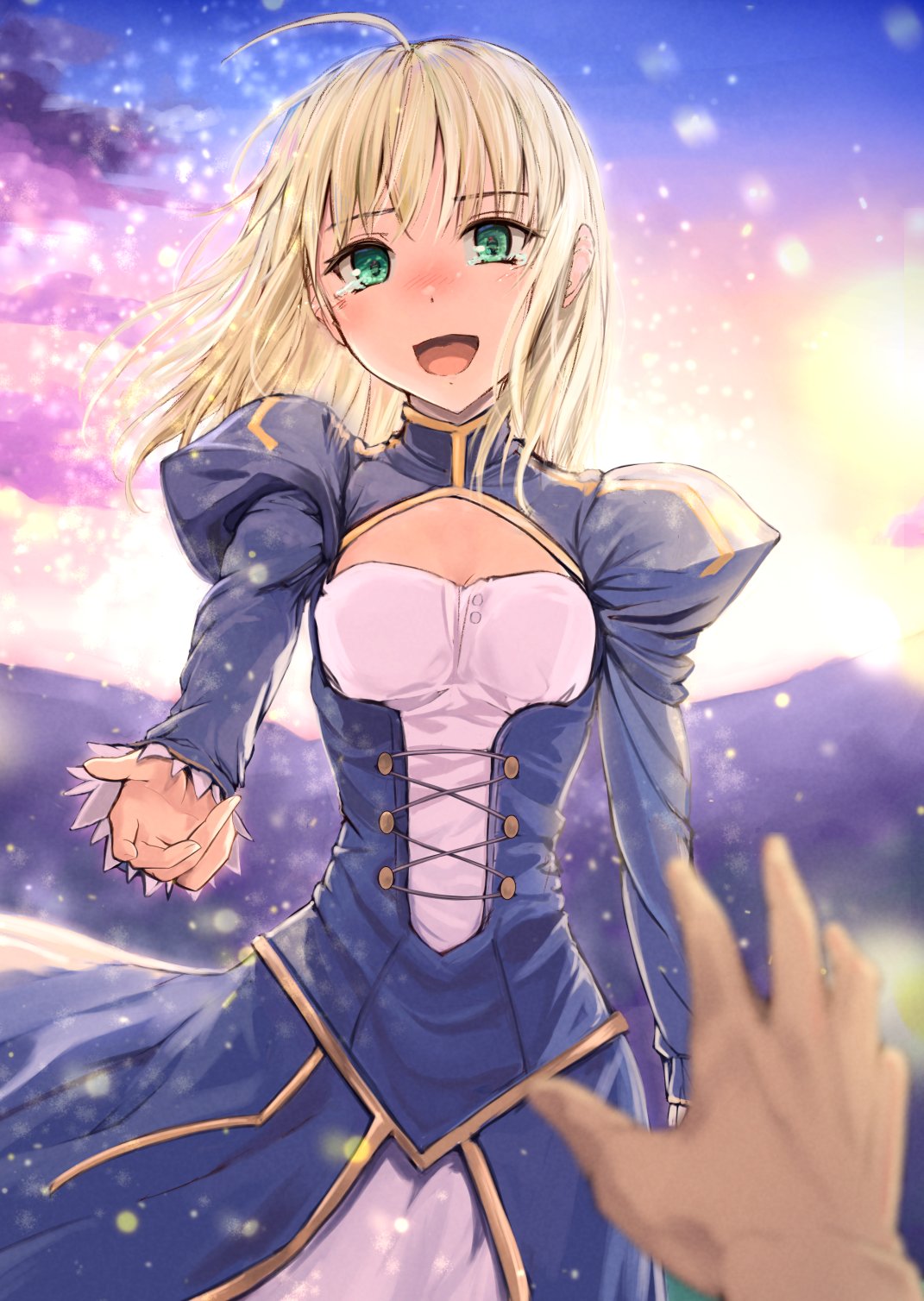 1boy 1girl ahoge artoria_pendragon_(fate) avalon_(fate/stay_night) blonde_hair blue_dress blush breasts clothing_cutout dappled_sunlight dress emiya_shirou fate/stay_night fate_(series) green_eyes hair_down highres juliet_sleeves k3rd long_sleeves looking_at_another looking_at_viewer medium_hair mountainous_horizon nose_blush open_mouth outstretched_arm pov puffy_sleeves saber small_breasts smile sunlight sunrise