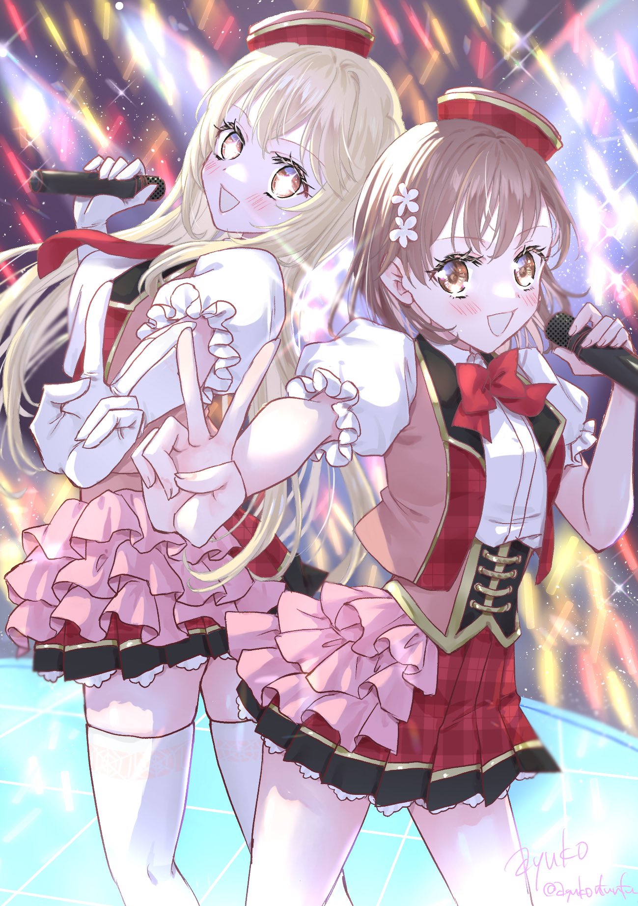 +_+ 2girls ayuko_(ayuko54bornthisway) back-to-back bare_legs blonde_hair blush bow breasts brown_eyes brown_hair collared_shirt corset fingernails gloves gold_trim hair_ornament hairclip highres holding holding_microphone idol long_hair looking_at_viewer medium_breasts microphone miniskirt misaka_mikoto multicolored_clothes multicolored_skirt multicolored_vest multiple_girls official_alternate_costume open_mouth plaid plaid_skirt puffy_short_sleeves puffy_sleeves red_bow red_headwear shirt shokuhou_misaki short_hair short_sleeves signature skirt small_breasts smile stage stage_lights thigh-highs toaru_kagaku_no_railgun toaru_majutsu_no_index v white_gloves white_shirt white_thighhighs yellow_eyes