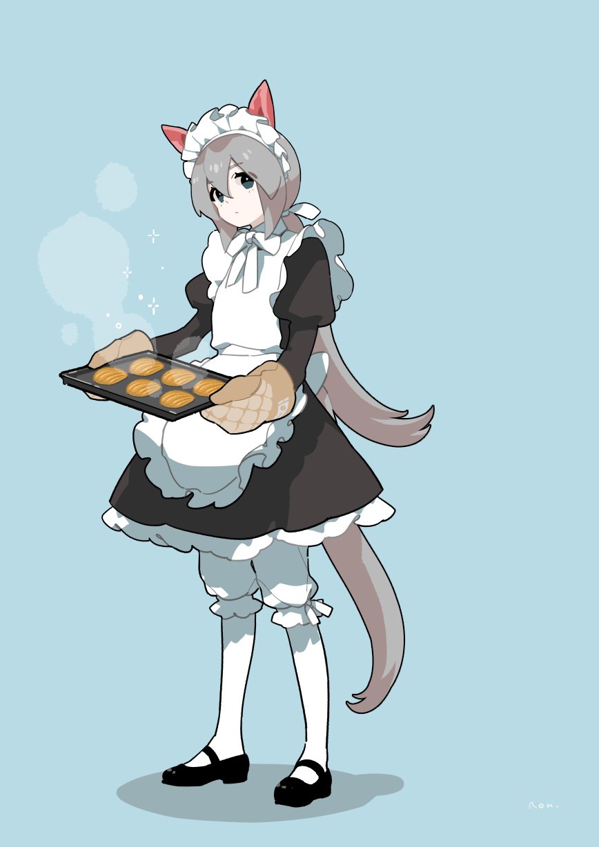 1girl alternate_costume alternate_hairstyle animal_ears apron baking_sheet black_dress black_footwear bloomers blue_background bow bowtie closed_mouth dress enmaided full_body grey_hair highres horse_ears horse_girl horse_tail juliet_sleeves long_hair long_sleeves looking_at_viewer low_ponytail maid maid_apron maid_headdress mary_janes oven_mitts pantyhose petticoat puffy_sleeves rongai_rongai shoes signature solo steam tail tamamo_cross_(umamusume) umamusume underwear white_pantyhose
