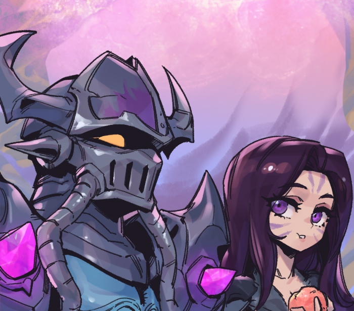1boy 1girl collarbone facial_mark fake_horns father_and_daughter food gradient_background hand_up helmet holding holding_food horned_helmet horns kai'sa kassadin league_of_legends long_hair looking_at_another orange_eyes phantom_ix_row pink_background purple_headwear sideways_glance violet_eyes