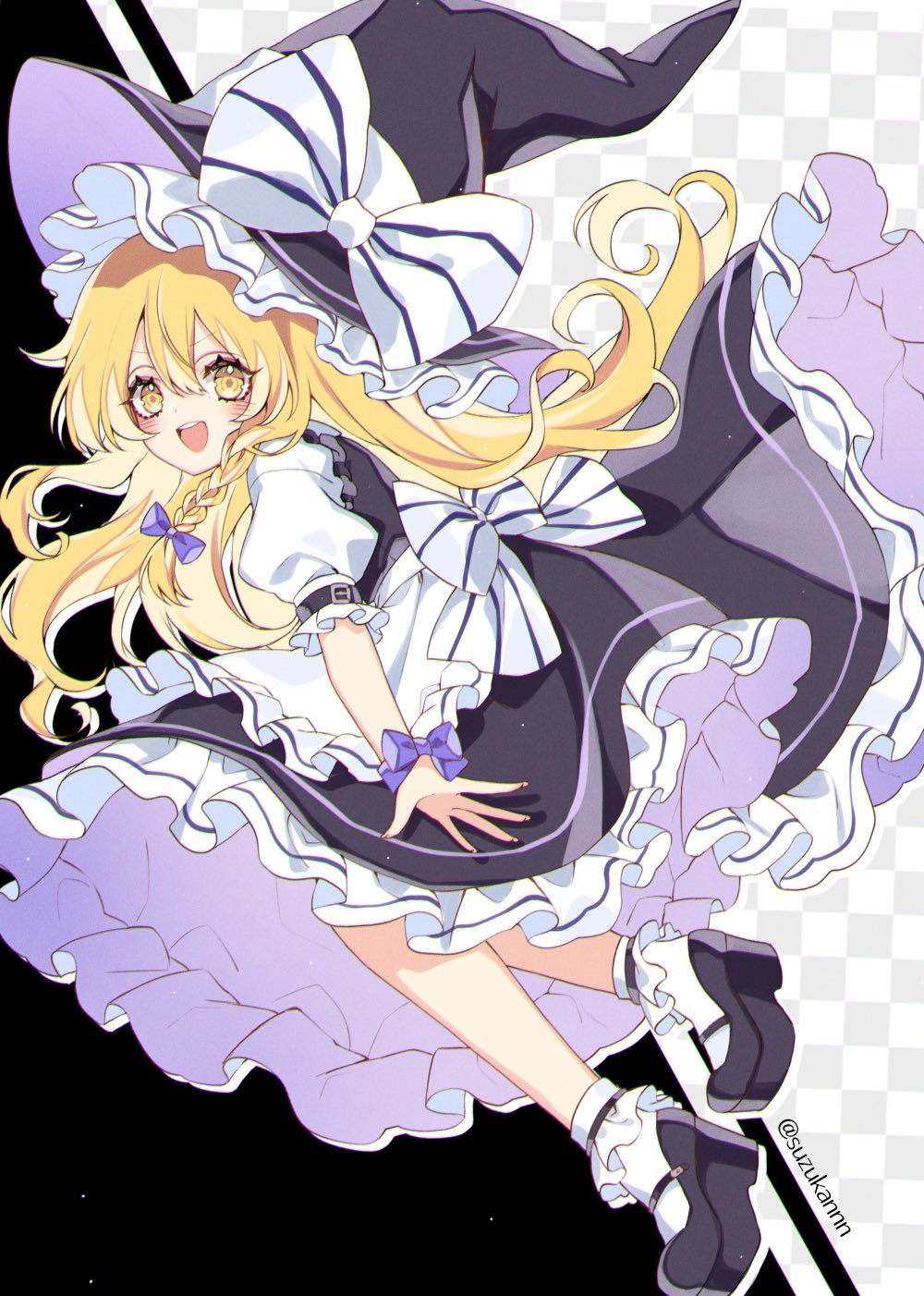 1girl :d apron artist_name black_background black_footwear black_headwear black_skirt black_vest blonde_hair blush bow braid checkered_background commentary_request dutch_angle frilled_skirt frilled_sleeves frills hat hat_bow highres kirisame_marisa kyouda_suzuka long_hair looking_at_viewer puffy_short_sleeves puffy_sleeves purple_bow shirt short_sleeves skirt smile solo touhou twitter_username two-tone_background vest white_apron white_background white_bow white_shirt witch_hat yellow_eyes