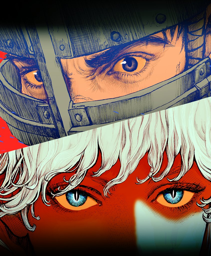 2boys angry berserk black_hair blue_eyes close-up colored_sclera commentary english_commentary griffith_(berserk) guts_(berserk) hair_between_eyes helmet male_focus multiple_boys nisino2222 red_background rivalry slit_pupils white_hair