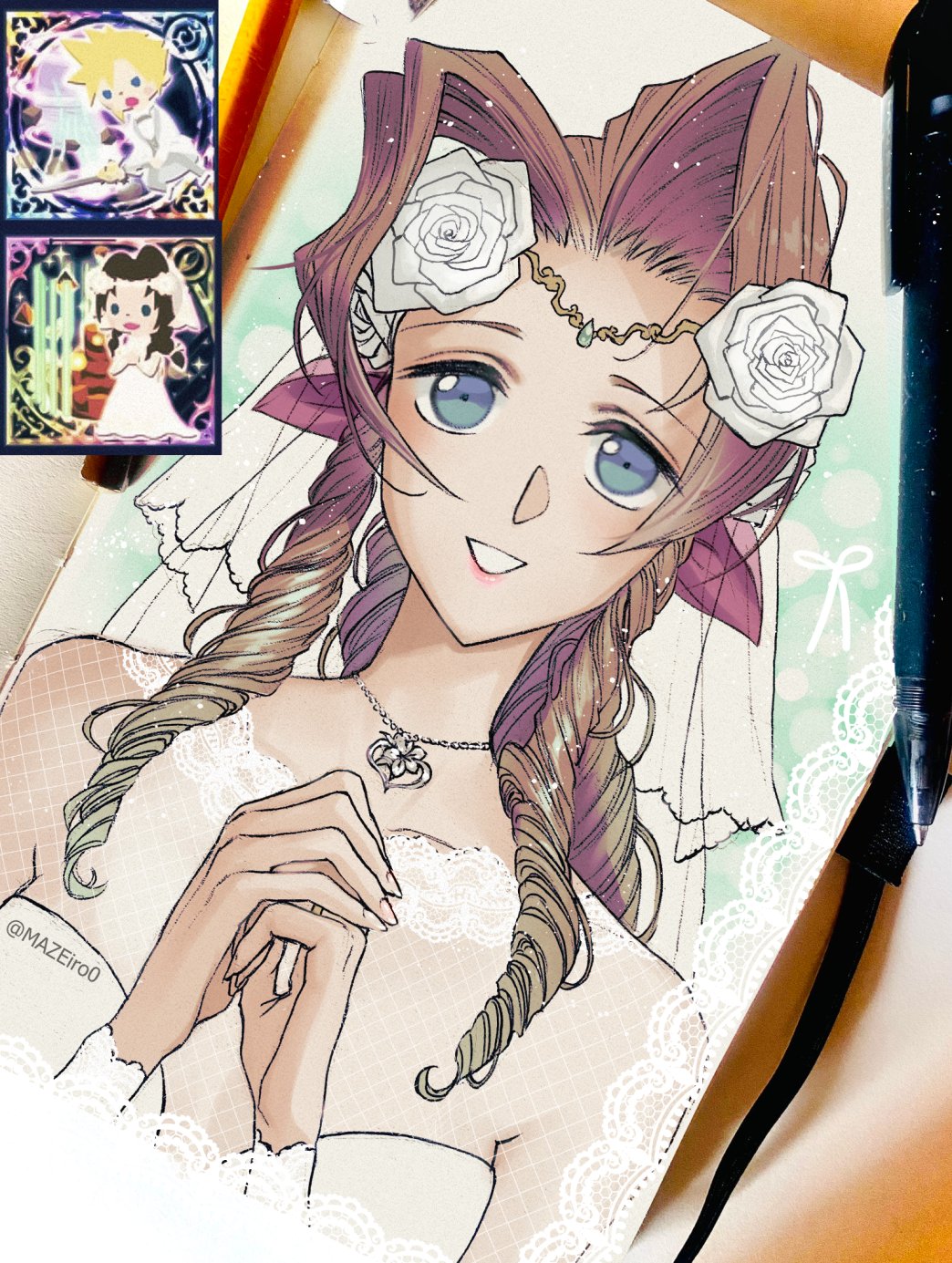 1boy 1girl aerith_gainsborough blonde_hair blue_eyes braid braided_ponytail bridal_veil brown_hair circlet cloud_strife curly_hair dress final_fantasy final_fantasy_vii flower formal green_eyes hair_flower hair_ornament hair_ribbon highres long_hair looking_at_viewer maze_draws official_alternate_costume own_hands_clasped own_hands_together parted_bangs parted_lips pendant_choker pink_ribbon reference_inset ribbon rose sidelocks single_braid smile spiky_hair suit twitter_username upper_body veil wedding_dress white_dress white_flower white_rose white_suit