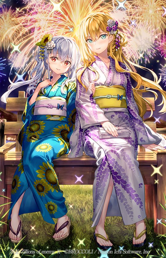 2girls aerial_fireworks bag bench blonde_hair blue_eyes blue_kimono blush breasts character_request closed_mouth collarbone commentary_request fireworks floral_print flower fujima_takuya full_body hair_flower hair_ornament handbag japanese_clothes kagamihara_azumi kimono large_breasts lavender_(flower) light_particles long_hair looking_at_viewer multiple_girls night obi on_bench outdoors park_bench purple_kimono red_eyes sandals sash sitting small_breasts sparkle toes wavy_hair white_hair yukata z/x