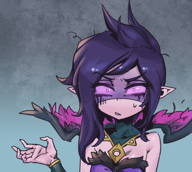 1girl bare_shoulders black_hair breasts colored_sclera dress fur-trimmed_dress fur_trim green_background grey_background league_of_legends looking_at_viewer medium_breasts medium_hair messy_hair morgana_(league_of_legends) parted_lips phantom_ix_row pink_sclera pink_wings pointy_ears shiny_skin solo teeth wings