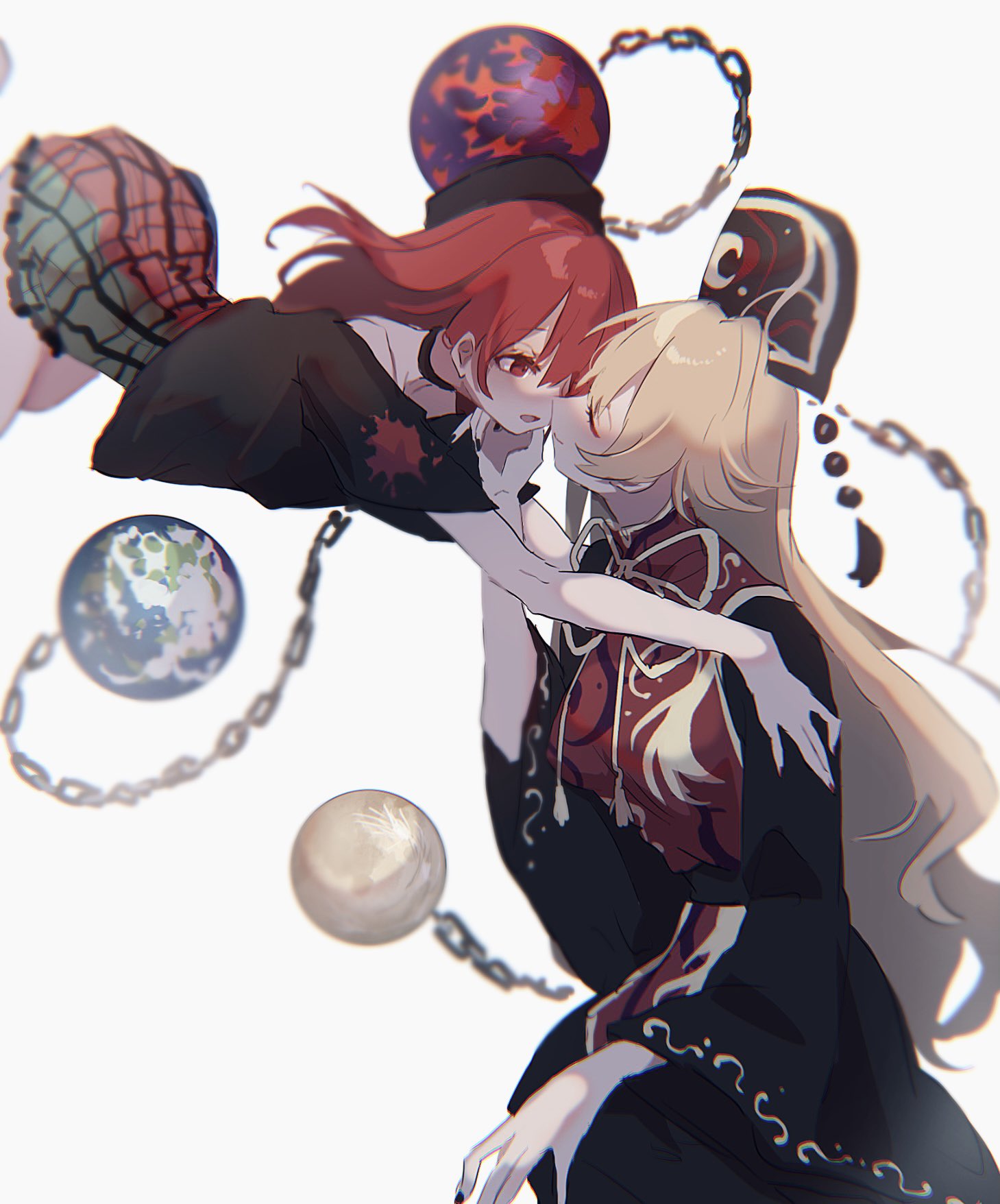 2girls ayahi_4 black_choker black_dress black_nails black_shirt blonde_hair blush bow breasts chain chinese_clothes choker closed_eyes commentary crescent dress earth_(ornament) green_skirt hair_between_eyes hand_on_another's_chin hecatia_lapislazuli highres imminent_kiss junko_(touhou) long_hair looking_at_another medium_breasts moon_(ornament) multicolored_clothes multicolored_skirt multiple_girls nail_polish off-shoulder_shirt off_shoulder open_mouth phoenix_crown plaid plaid_skirt planet polos_crown red_eyes red_nails red_skirt red_tabard redhead shirt simple_background skirt t-shirt tabard touhou underworld_(ornament) white_background yellow_bow yuri