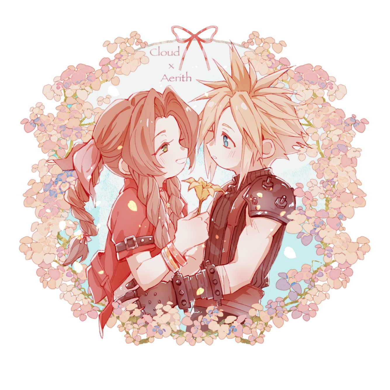 1boy 1girl aerith_gainsborough aqua_eyes armor bandaged_arm bandages bangle belt blonde_hair bracelet braid braided_ponytail brown_belt brown_hair character_name choker cloud_strife cropped_jacket final_fantasy final_fantasy_vii final_fantasy_vii_remake flower flower_choker green_eyes hair_between_eyes hair_ribbon hetero highres holding holding_flower jacket jewelry leanor_ff14 light_blush lily_(flower) long_hair looking_at_another parted_bangs parted_lips pink_ribbon red_jacket ribbon short_hair short_sleeves shoulder_armor sidelocks single_braid sleeveless sleeveless_turtleneck smile spiky_hair suspenders turtleneck upper_body yellow_flower