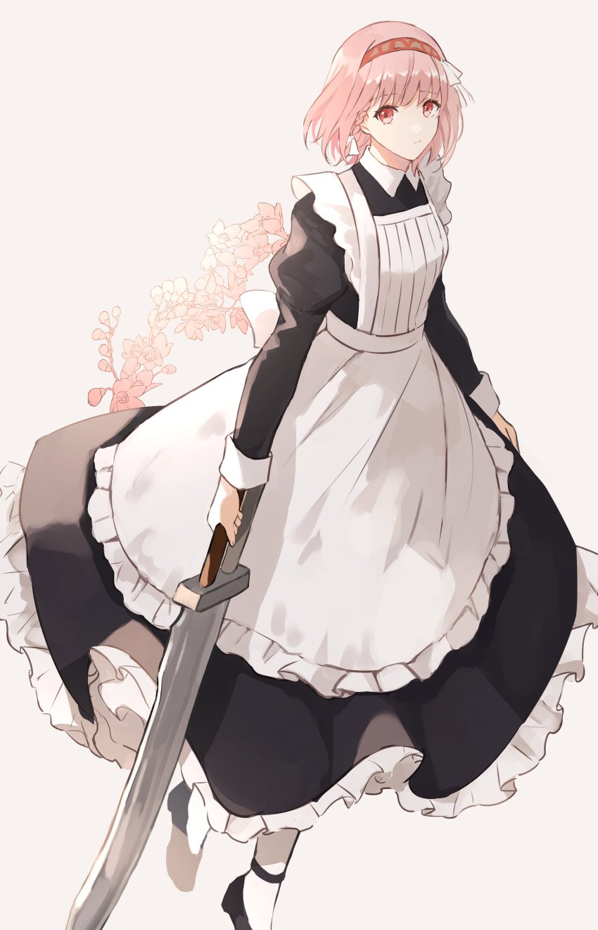 1girl apron dress fire_emblem fire_emblem_engage full_body hairband highres holding holding_sword holding_weapon lapis_(fire_emblem) long_dress long_sleeves looking_at_viewer maid maid_apron pink_eyes pink_hair short_hair simple_background solo sword weapon white_background wspread