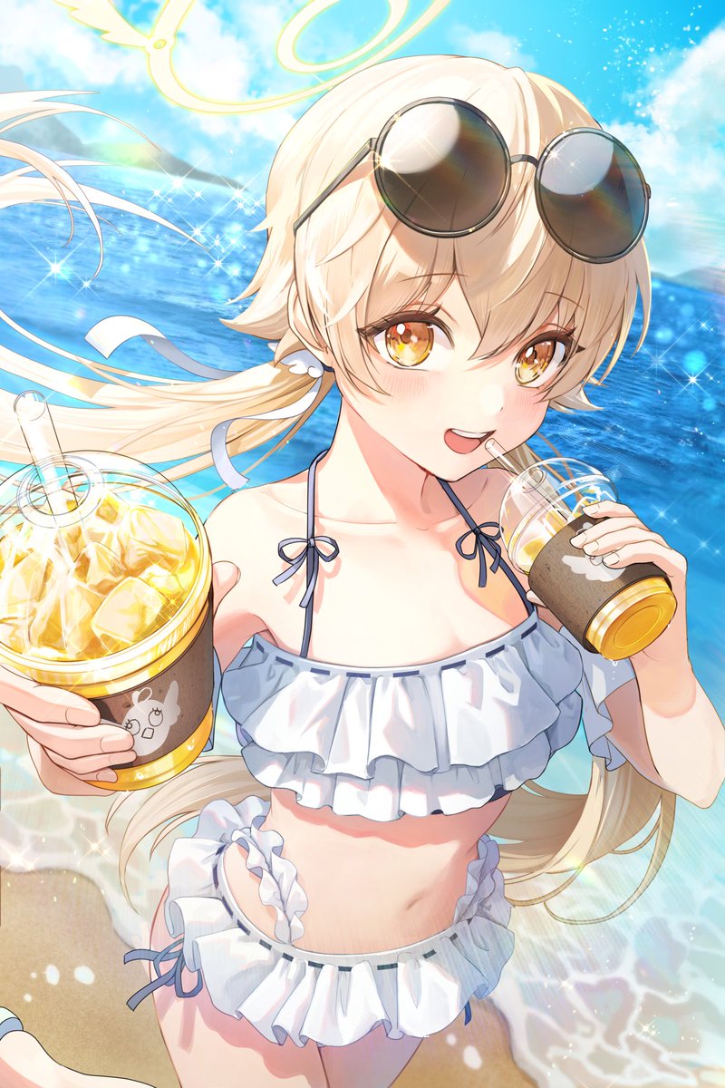 1girl :d bare_shoulders beach bikini blonde_hair blue_archive blue_sky blush clouds collarbone commentary_request cup day disposable_cup drink drinking_straw eyelashes eyewear_on_head floating_hair frilled_bikini frills hair_between_eyes hair_ornament hair_ribbon halo halterneck hands_up hifumi_(blue_archive) hifumi_(swimsuit)_(blue_archive) highres holding holding_cup ice ice_cube light_particles long_hair looking_at_viewer low_twintails mountain mountainous_horizon navel ocean official_alternate_costume open_mouth outdoors peroro_(blue_archive) plus1024 ribbon round_eyewear sand side-tie_bikini_bottom sidelocks sky smile solo sparkle standing stomach sunglasses swimsuit teeth twintails upper_teeth_only water white_bikini white_ribbon yellow_eyes