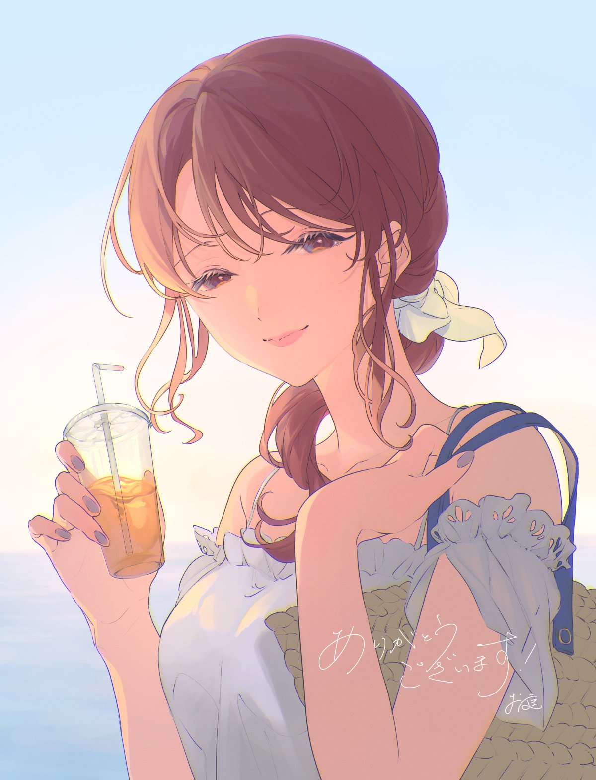 1girl bag bare_shoulders blue_nails brown_eyes brown_hair commission cup disposable_cup hair_over_shoulder hair_ribbon highres holding holding_cup idolmaster idolmaster_cinderella_girls looking_at_viewer low_ponytail medium_hair mifune_miyu nininiwa2 off-shoulder_shirt off_shoulder ribbon shirt shoulder_bag skeb_commission smile solo upper_body white_ribbon
