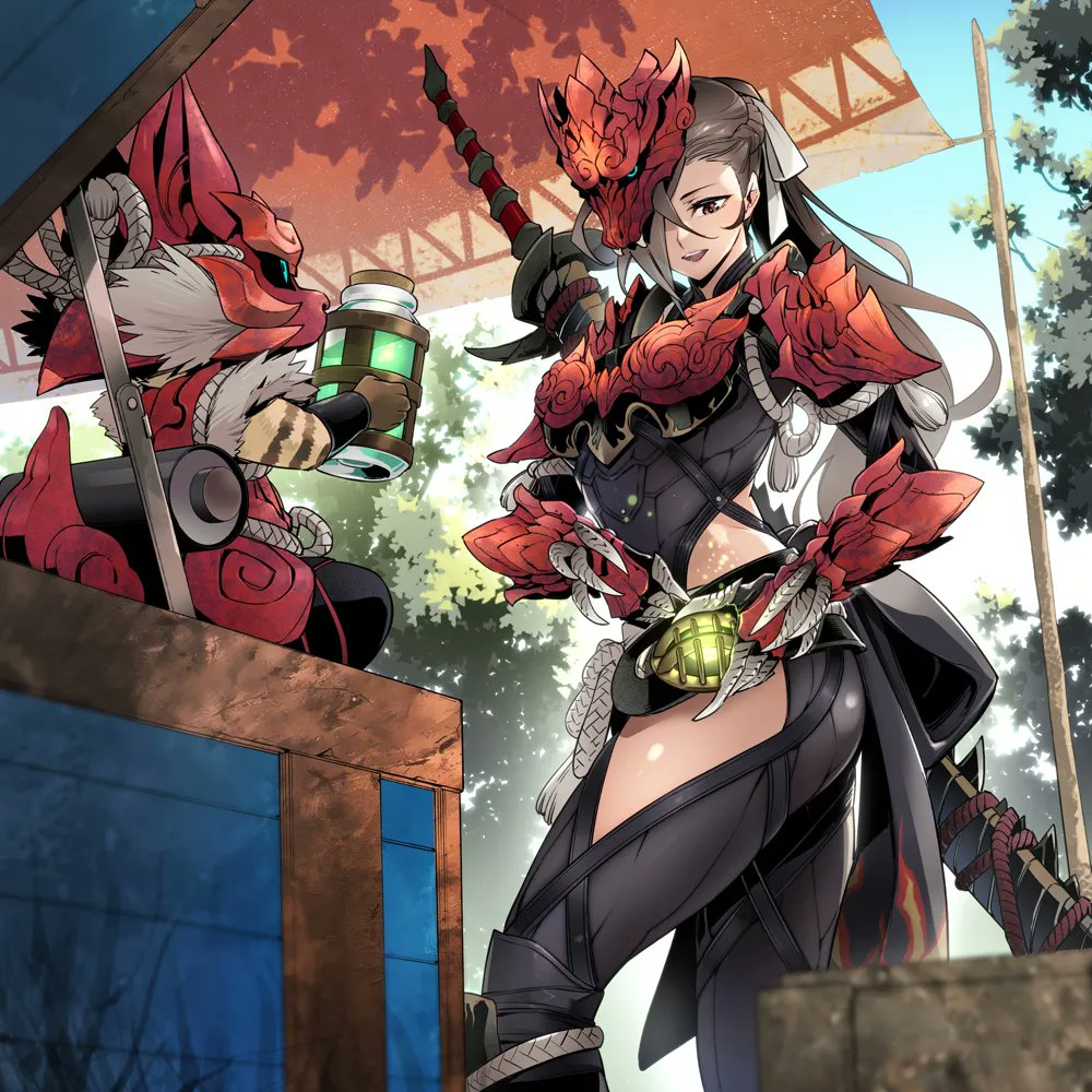 1girl alternate_costume armor braid breasts brown_eyes brown_hair crossover fire_emblem fire_emblem_fates fuse_ryuuta gloves hair_over_one_eye kagero_(fire_emblem) lamp long_hair mask medium_breasts monster_hunter_(series) outdoors ponytail sitting solo_focus sword weapon