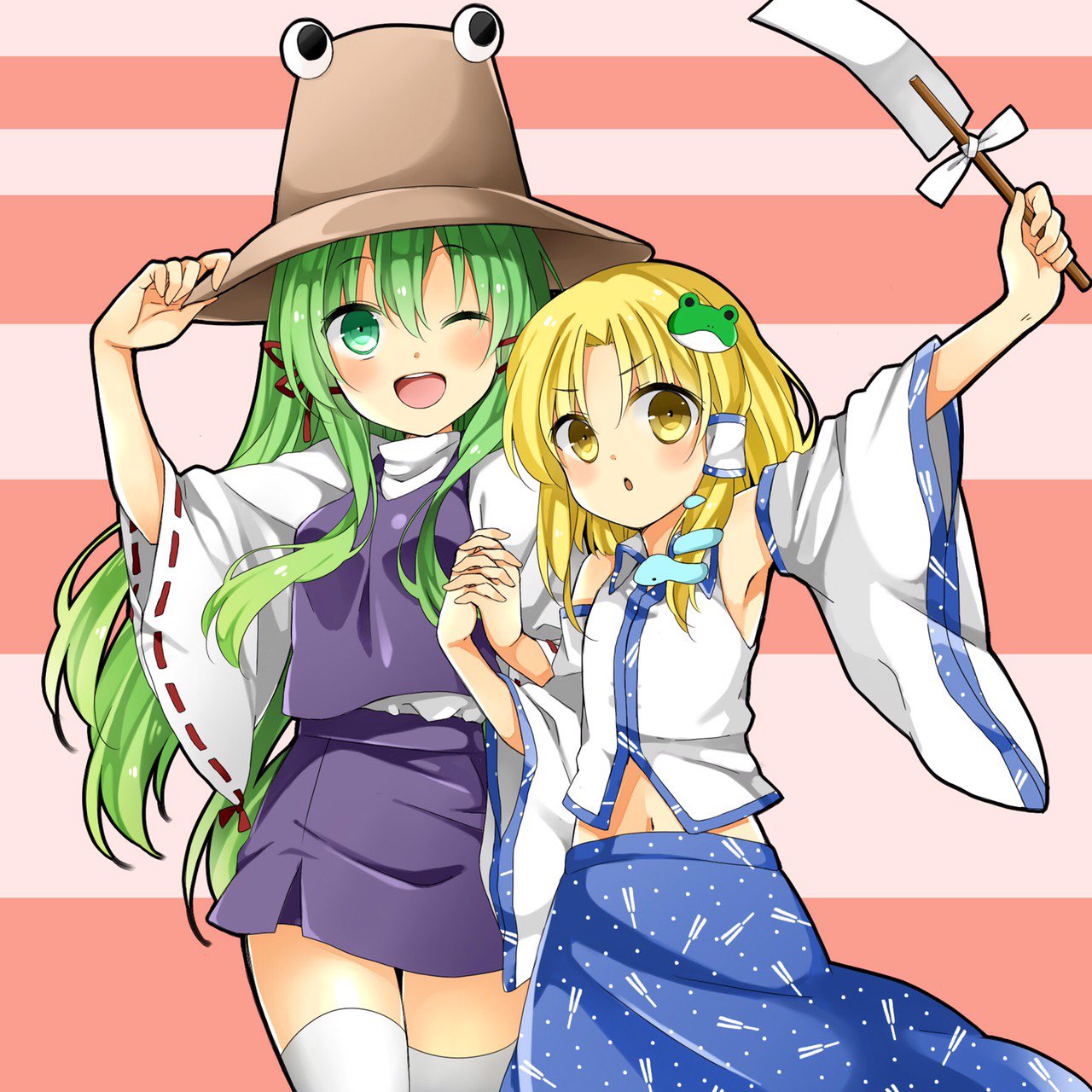 2girls blonde_hair blush cosplay costume_switch detached_sleeves frog_hair_ornament green_eyes green_hair hair_ornament hat highres japanese_clothes kochiya_sanae long_hair looking_at_viewer miko moriya_suwako multiple_girls one_eye_closed open_mouth pink_background snake_hair_ornament sugu016406 touhou two-tone_background yellow_eyes