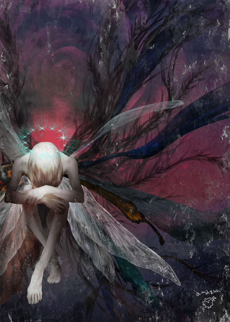 1boy arthropod_boy butterfly_wings completely_nude covered_face dragonfly_wings fate/grand_order fate_(series) halo insect_wings male_focus medium_hair moth_wings nude oberon_(fate) oberon_(third_ascension)_(fate) signature solo upl white_hair wings