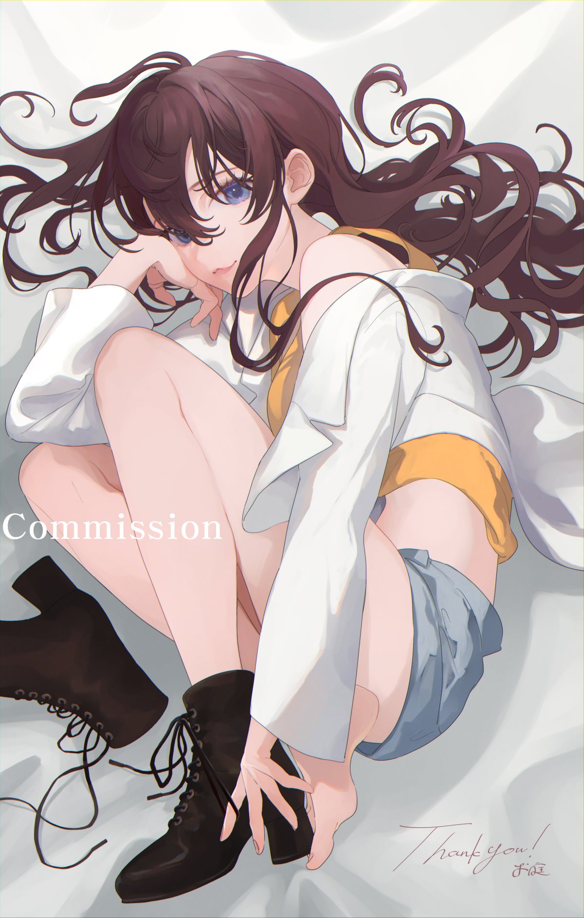 1girl :3 ahoge barefoot black_footwear blue_eyes boots brown_hair camisole commission fetal_position full_body hair_between_eyes hair_spread_out high_heel_boots high_heels highres ichinose_shiki idolmaster idolmaster_cinderella_girls long_hair looking_at_viewer lying nininiwa2 off_shoulder on_side open_clothes open_shirt shirt shoes short_shorts shorts single_bare_shoulder single_shoe smile solo wavy_hair white_shirt