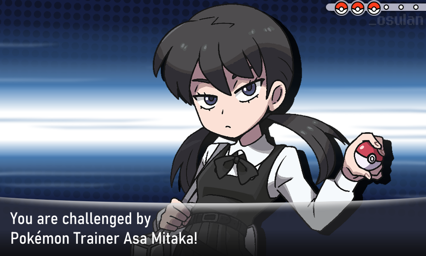 1girl black_hair chainsaw_man dress fourth_east_high_school_uniform holding holding_poke_ball long_hair looking_at_viewer mitaka_asa osulan parody pinafore_dress poke_ball pokemon school_uniform sleeveless sleeveless_dress solo style_parody trainer_wants_to_battle twintails