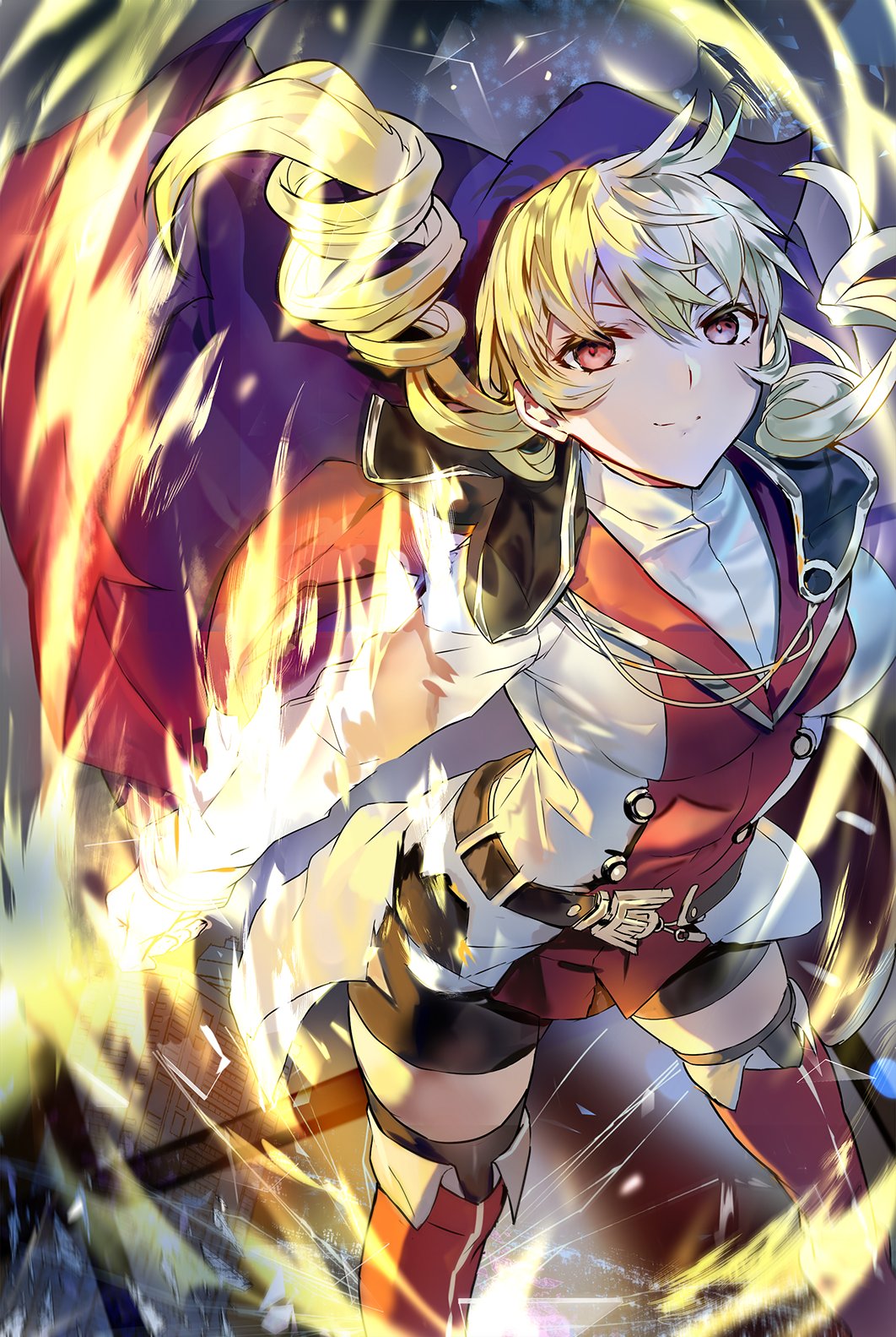 1girl bike_shorts blonde_hair boots breasts cape drill_hair erika_wagner fire highres long_hair looking_at_viewer qitoli red_eyes shield skirt solo thigh-highs twin_drills twintails under_night_in-birth under_night_in-birth_exe:late[st] weapon