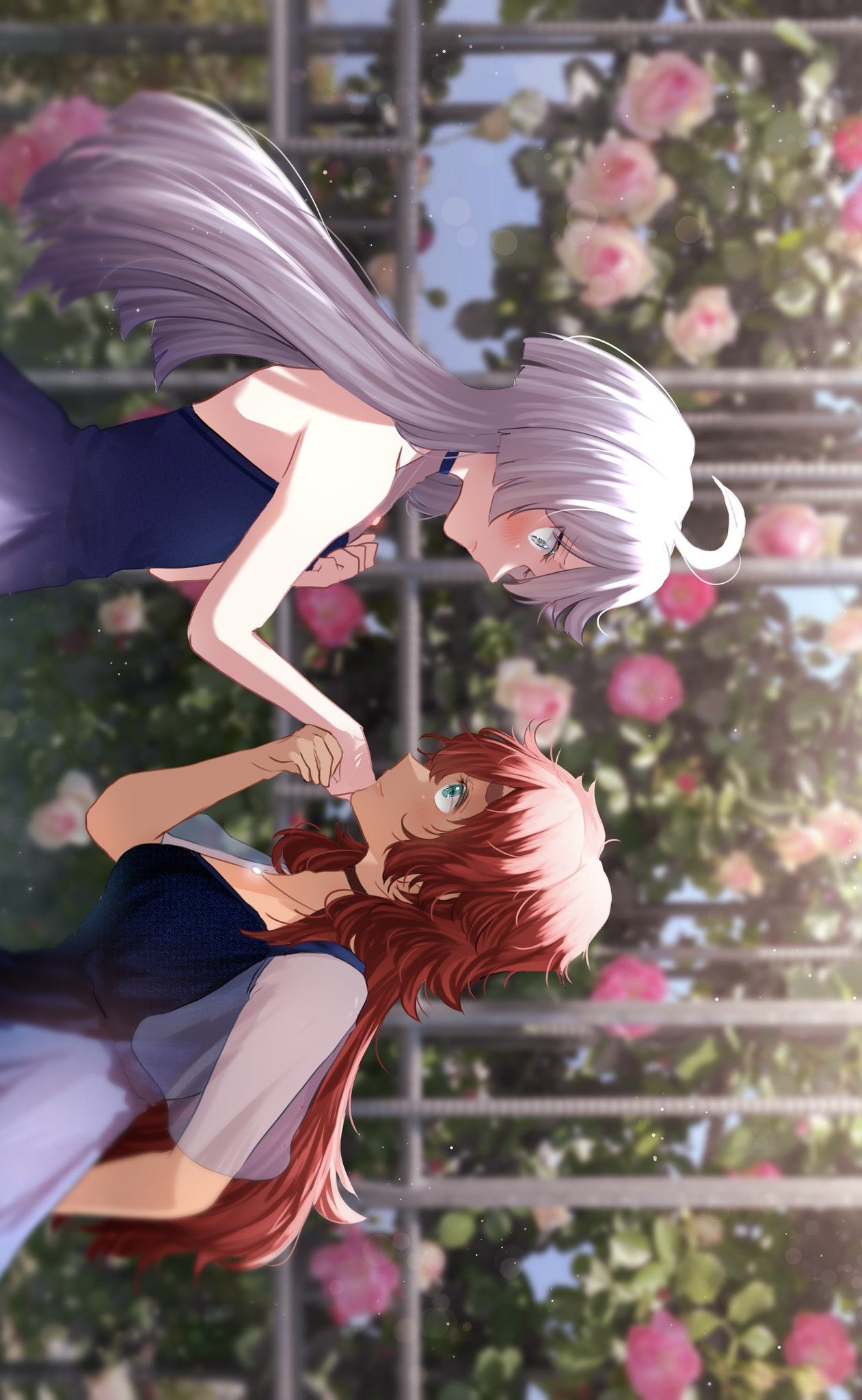 2girls ahoge blush choker day dress eye_contact flower green_eyes gundam gundam_suisei_no_majo highres kiss kissing_hand lens_flare light_particles long_hair looking_at_another miorine_rembran multiple_girls nndm_ak outdoors redhead sideways suletta_mercury white_hair yuri