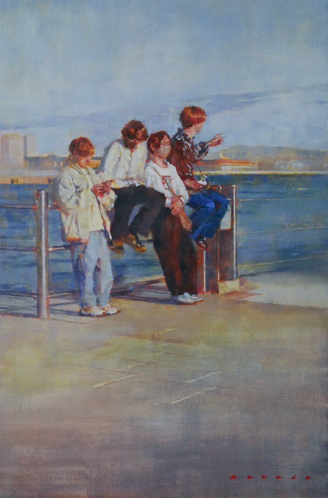4boys against_railing building clouds cloudy_sky harbor kazuho_iwamoto leaning_back looking_away multiple_boys original painting_(medium) port railing river sitting_on_fence sky traditional_media water