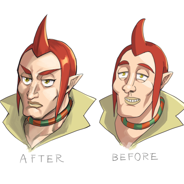 1boy before_and_after cleft_chin commentary_request grin groose jewelry male_focus monbetsu_kuniharu neck_ring pointy_ears redhead smile the_legend_of_zelda the_legend_of_zelda:_skyward_sword v-shaped_eyebrows yellow_eyes yellow_lips