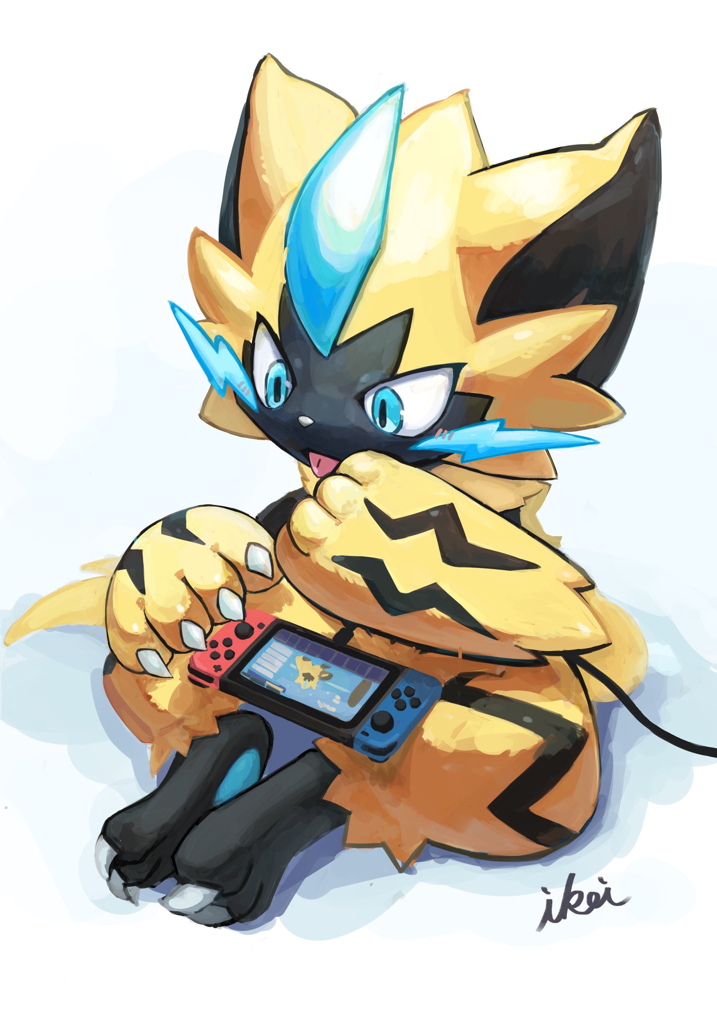 1other animal_ears animal_feet animal_hands animal_nose artist_name black_fur blue_background blue_eyes blush body_fur cable cat_ears cat_tail claws commentary full_body furry handheld_game_console hands_up highres ikei knees_apart_feet_together licking licking_finger light_blush looking_down nintendo_switch other_focus pawpads playing_games pokemon pokemon_(creature) signature simple_background sitting solo tail tongue tongue_out two-tone_fur whiskers yellow_fur zeraora