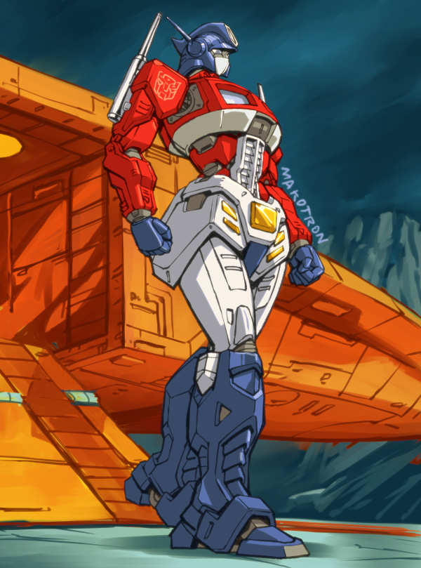 1girl ark_(transformers) artist_name autobot blue_eyes clenched_hands english_commentary genderswap genderswap_(mtf) makoto_ono mecha optimus_prime robot science_fiction sky solo transformers walking