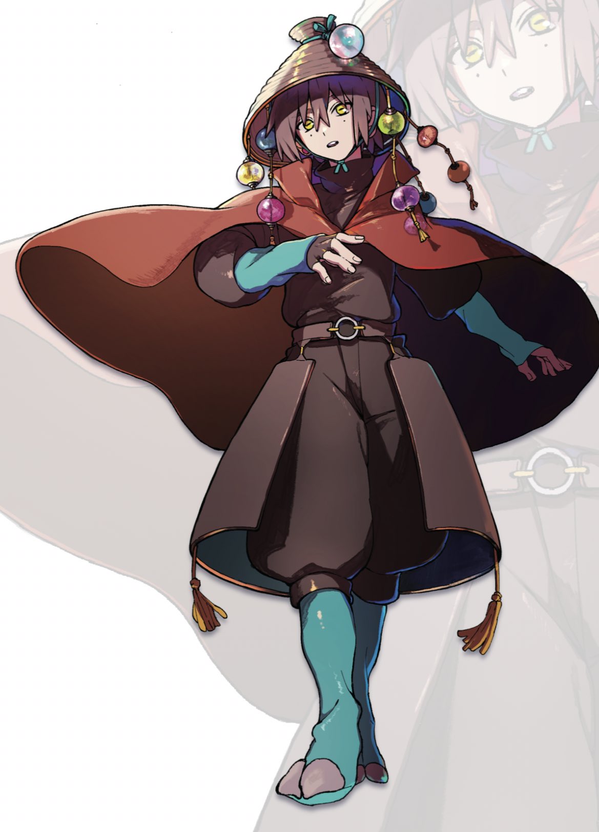 1boy aqua_footwear baggy_pants black_pants black_sweater boots brown_cape brown_hair cape commentary_request full_body hat highres male_focus original pants solo sweater tokoame turtleneck turtleneck_sweater yellow_eyes zoom_layer
