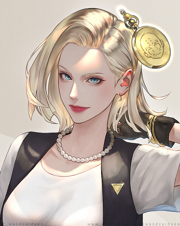 1girl android_18 bead_necklace beads black_gloves black_vest blonde_hair blue_eyes closed_mouth cyborg dragon_ball dragon_ball_z earrings gloves hand_in_own_hair jewelry kuririn lips looking_at_viewer medium_hair necklace red_lips short_sleeves simple_background smile vest wandzardeen web_address