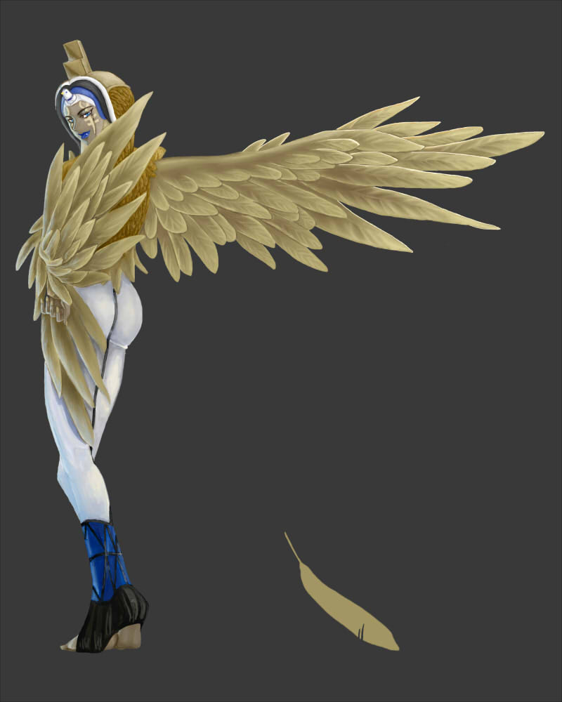 1girl arai_(type_ab) ass barefoot blue_eyes blue_lips commentary dark-skinned_female dark_skin dress fake_wings feathers grey_background hand_on_own_hip headdress isis_(megami_tensei) shin_megami_tensei simple_background winged_arms wings