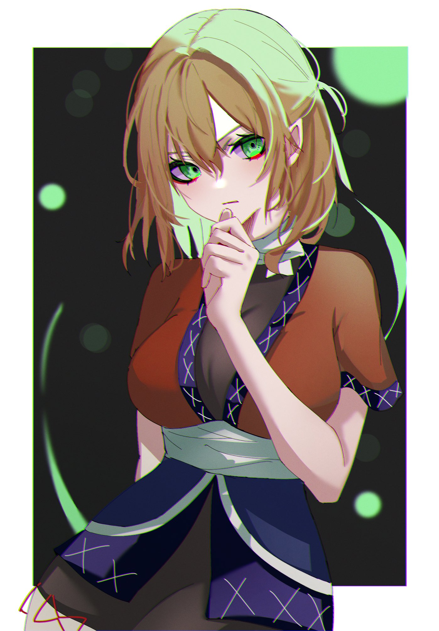 1girl arm_behind_back blonde_hair breasts closed_mouth frown green_eyes hair_between_eyes hand_on_own_chin hat_iue highres japanese_clothes large_breasts medium_hair mizuhashi_parsee short_sleeves solo standing touhou
