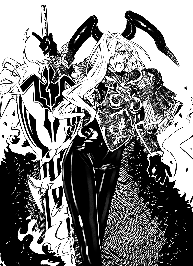 1girl armor black_armor black_bodysuit black_horns blonde_hair bodysuit cape dragon_horns facial_mark fate/grand_order fate_(series) flaming_sword flaming_weapon fur-trimmed_cape fur_trim furauji gloves greyscale hair_over_one_eye holding holding_sword holding_weapon horns long_hair looking_at_viewer monochrome nero_claudius_(fate) pointy_ears queen_draco_(fate) queen_draco_(third_ascension)_(fate) scales shoulder_plates solo sword wavy_hair weapon white_background