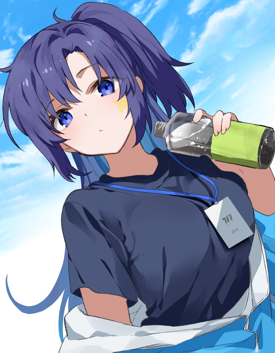 1girl ariko_youichi blue_archive blue_eyes blue_jacket blue_shirt blue_sky bottle commentary_request day dutch_angle gym_shirt gym_uniform holding holding_bottle id_card jacket jacket_partially_removed lanyard long_hair looking_at_viewer official_alternate_costume partially_unzipped purple_hair shirt side_ponytail sidelocks sky solo star_sticker sticker_on_face track_jacket upper_body water_bottle yuuka_(blue_archive) yuuka_(track)_(blue_archive)