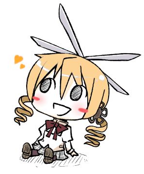blonde_hair blush chibi heart helicopter_hair looking_to_the_side lowres sitting tomoe_mami