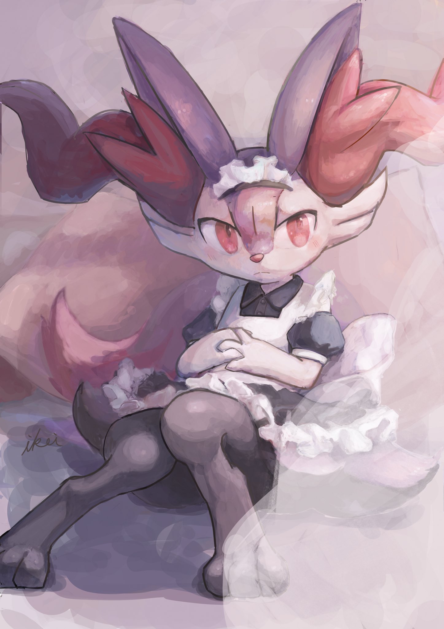 1girl alternate_color animal_ear_fluff animal_ears animal_feet animal_hands animal_nose apron artist_name barefoot black_dress black_fur blush body_fur braixen buttons closed_mouth clothed_pokemon collared_dress commentary dress english_commentary expressionless feet flat_chest fox_ears fox_girl fox_tail frilled_apron frilled_dress frills full_body furry furry_female hands_on_own_stomach highres ikei interlocked_fingers knees_together_feet_apart knees_up leaning_back looking_at_viewer looking_to_the_side maid maid_apron maid_headdress mixed-language_commentary multicolored_fur own_hands_together pillow pokemon pokemon_(creature) puffy_short_sleeves puffy_sleeves purple_fur red_eyes shiny_pokemon short_dress short_sleeves signature sitting solo split_mouth tail white_apron white_fur