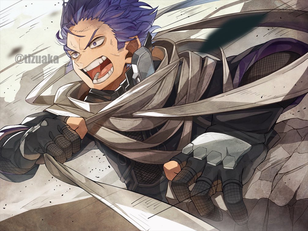 1boy black_gloves boku_no_hero_academia commentary_request gloves male_focus open_mouth purple_hair scarf shinsou_hitoshi short_hair solo teeth tonbanlove twitter_username violet_eyes