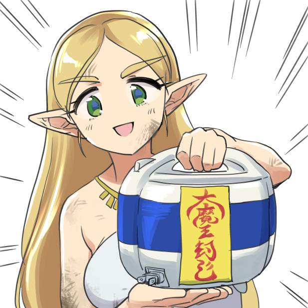1girl blonde_hair breasts commentary_request dirty dirty_face dress emphasis_lines green_eyes holding jewelry long_hair medium_breasts monbetsu_kuniharu necklace open_mouth pointy_ears princess_zelda rice_cooker smile solo strapless strapless_dress the_legend_of_zelda the_legend_of_zelda:_breath_of_the_wild translation_request upper_body white_dress