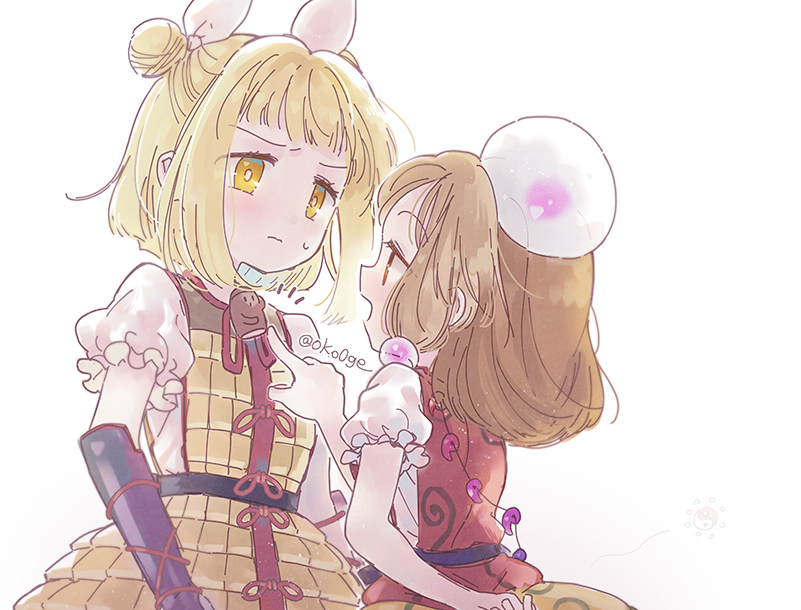 2girls aged_down biyon blonde_hair blunt_bangs blush closed_mouth eye_contact haniwa_(statue) joutouguu_mayumi light_brown_hair looking_at_another multiple_girls open_mouth profile simple_background tamatsukuri_misumaru touhou vambraces white_background yellow_eyes