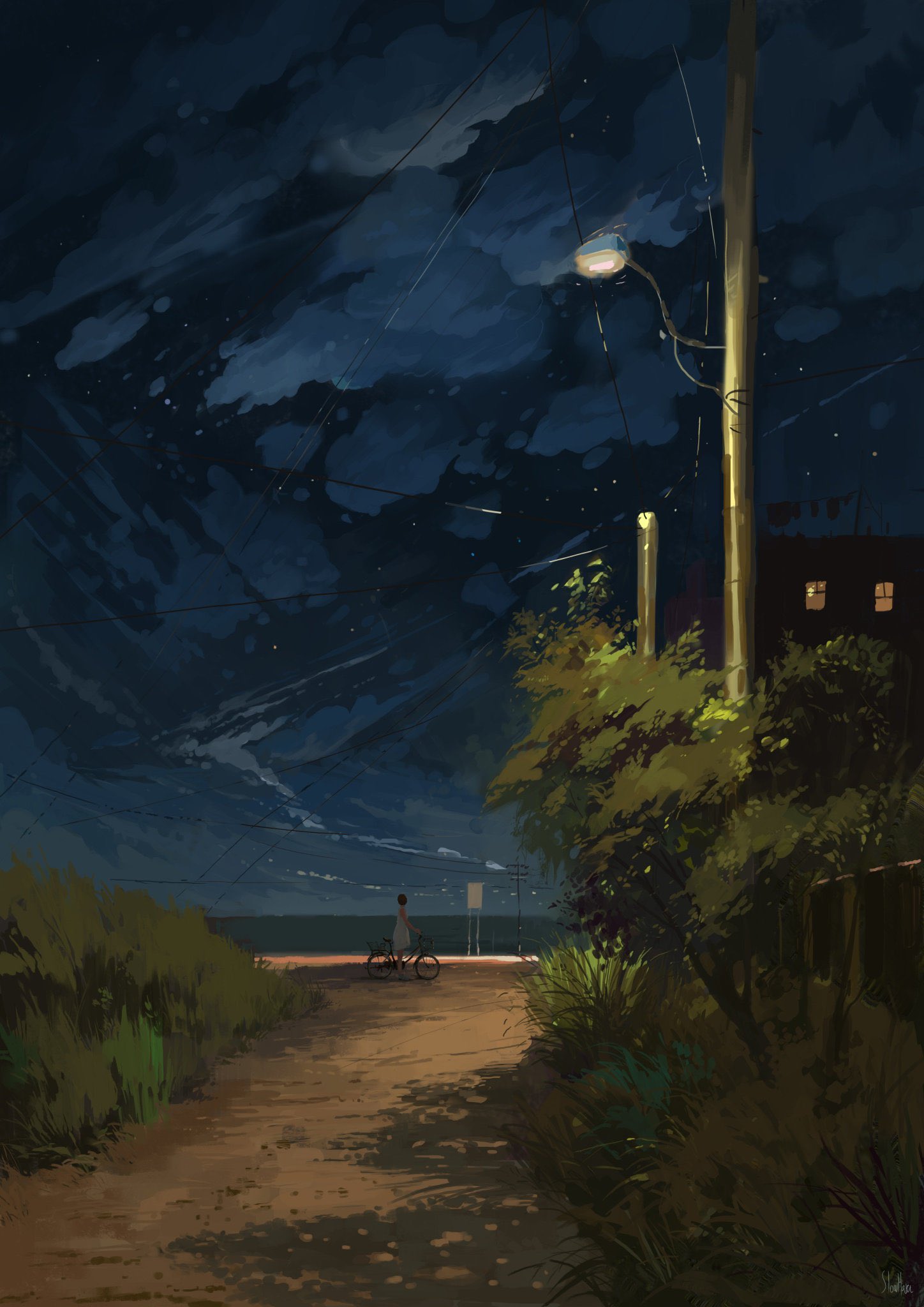 1girl bicycle building clouds cloudy_sky dirt_road grass highres horizon lamppost night original painting_(medium) plant power_lines road sky slow_d solo star_(sky) starry_sky traditional_media utility_pole