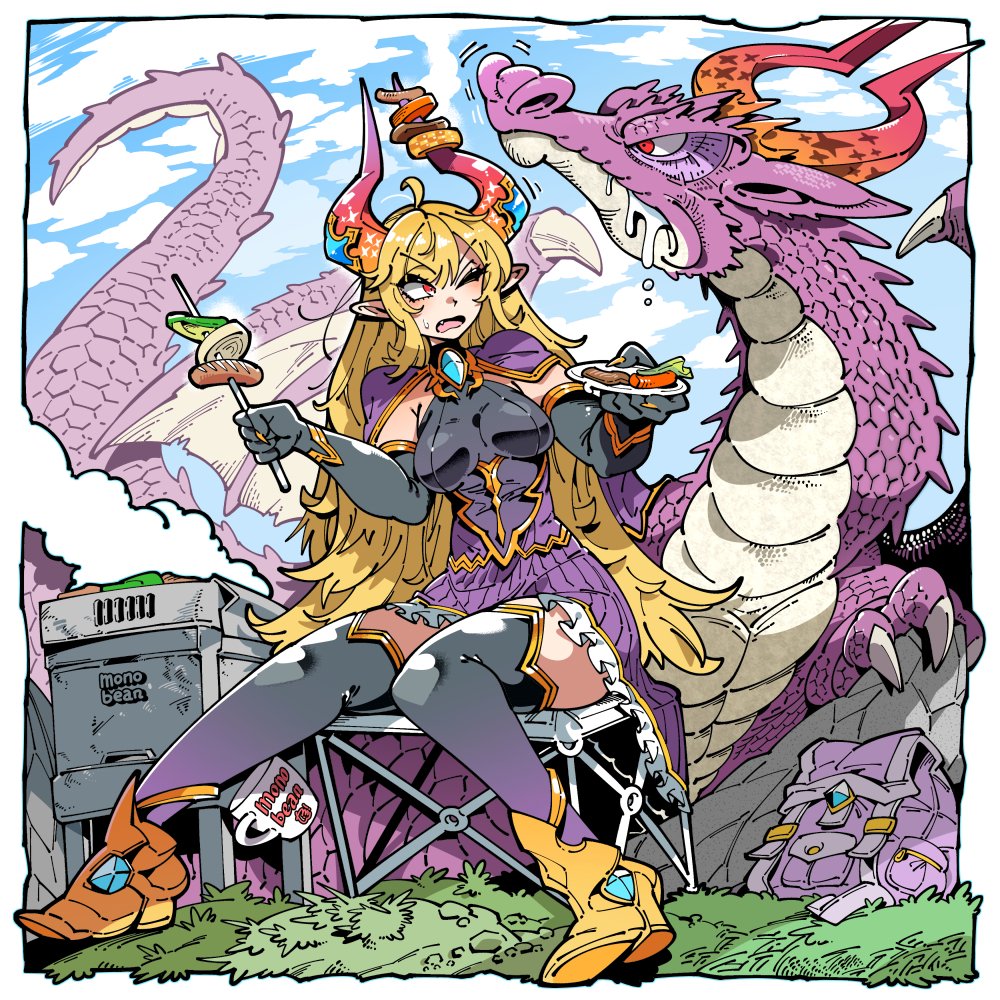 1girl bag black_gloves black_thighhighs blonde_hair breasts claws commentary_request commission cooking cup dragon dragon_horns dragon_wings elbow_gloves food full_body gloves grill grilling holding holding_plate horns kafun long_hair long_neck looking_at_another on_chair on_grass original oven plate pointy_ears purple_skirt red_eyes saliva scales sitting skeb_commission skirt sky steam tail thigh-highs wings yellow_footwear