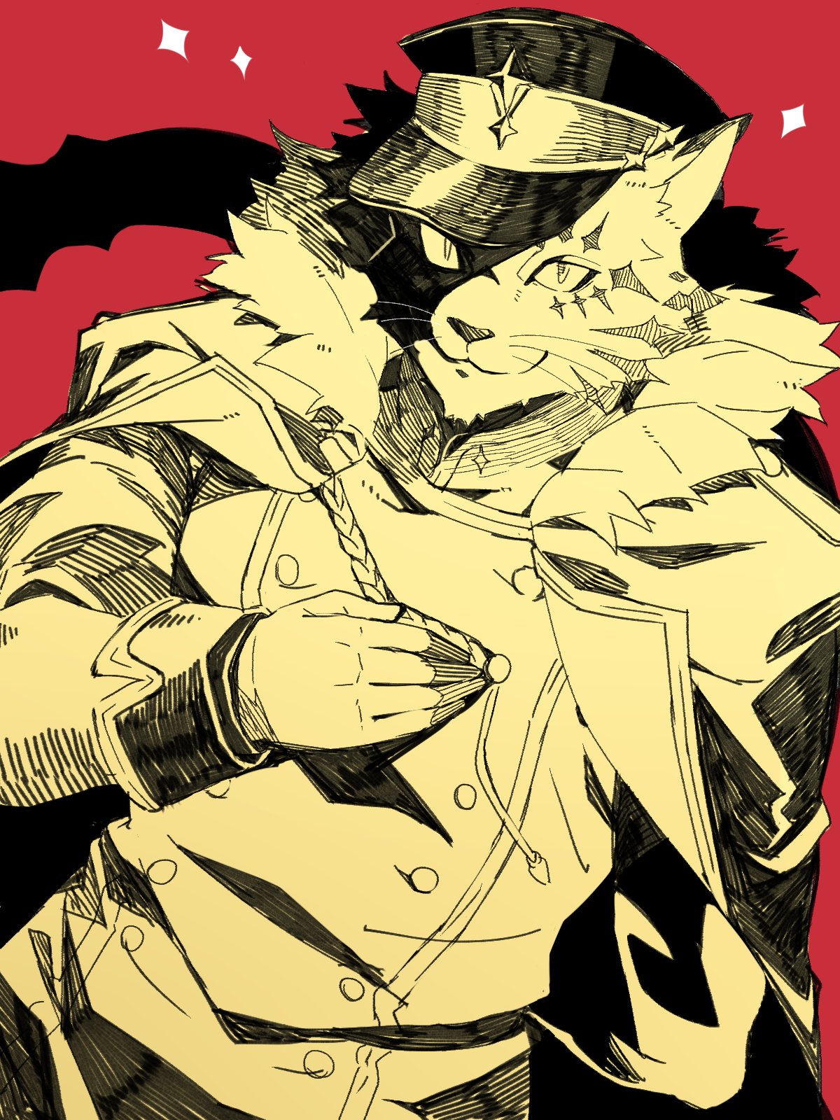 1boy coat collared_jacket commentary_request eyes_in_shadow fur-trimmed_coat fur_trim furry furry_male gloves hand_on_own_chest hand_up hat highres looking_at_viewer male_focus military military_hat military_uniform nizitaro ose_(housamo) panther_boy panther_ears peaked_cap red_background simple_background smile solo sparkle tail tokyo_afterschool_summoners uniform upper_body whiskers