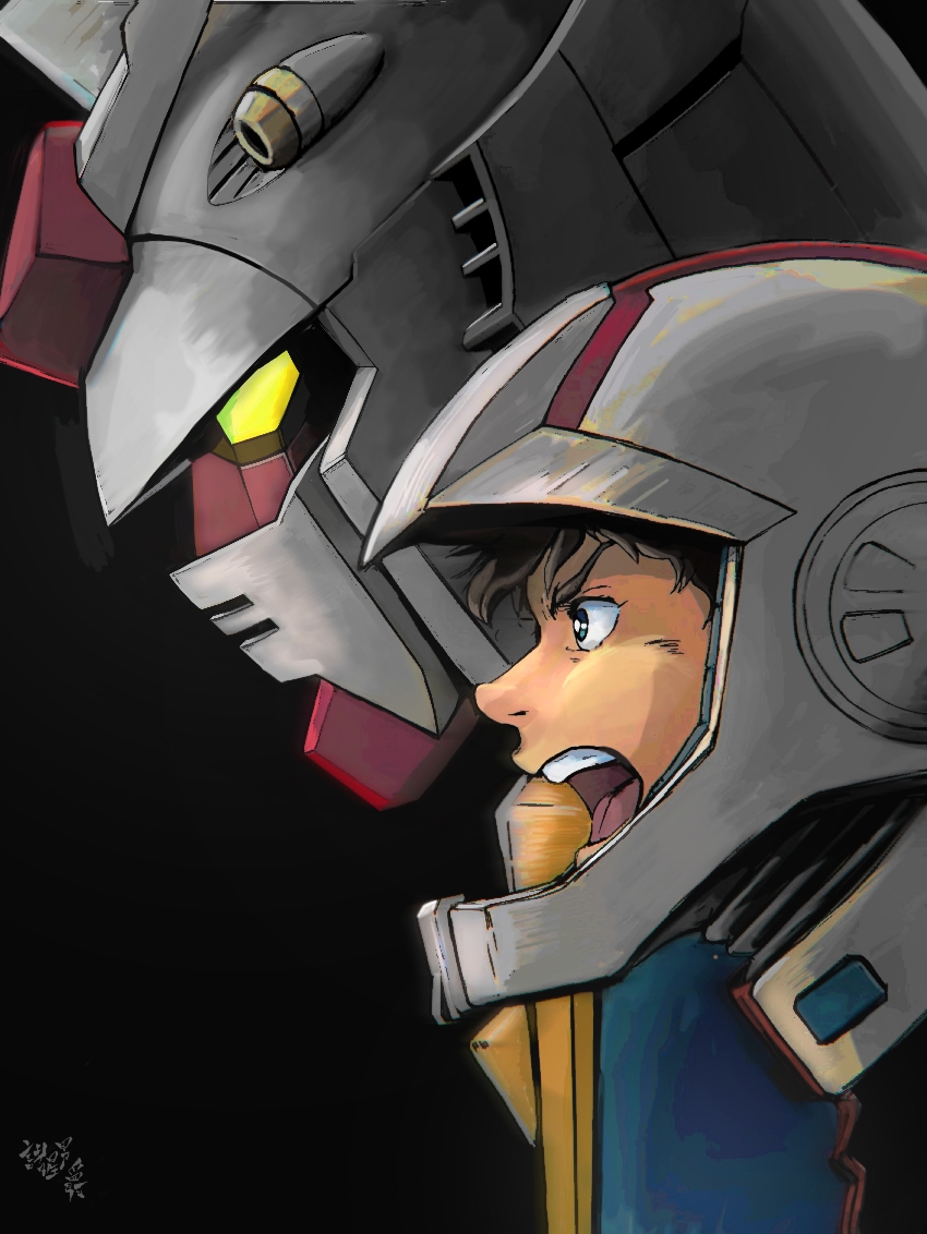 1boy amuro_ray black_background blue_eyes brown_hair commentary_request gundam looking_ahead male_focus mecha mobile_suit mobile_suit_gundam moroboshi_danshaku open_mouth pilot_helmet profile robot rx-78-2 science_fiction shouting simple_background teeth upper_teeth_only v-fin yellow_eyes