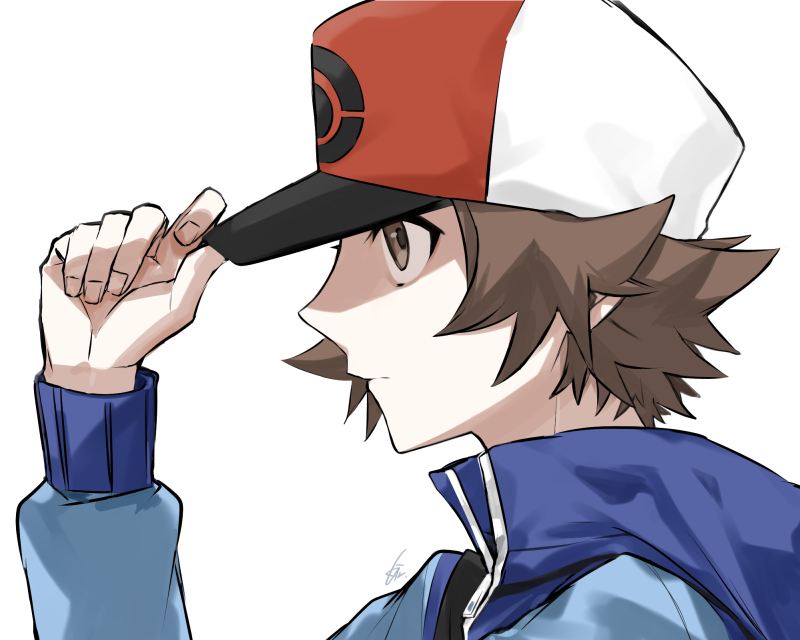 1boy blue_jacket brown_eyes brown_hair closed_mouth commentary_request from_side haisato_(ddclown14) hand_on_headwear hand_up hat hilbert_(pokemon) hood hood_down jacket long_sleeves male_focus pokemon pokemon_(game) pokemon_bw short_hair simple_background solo upper_body white_background