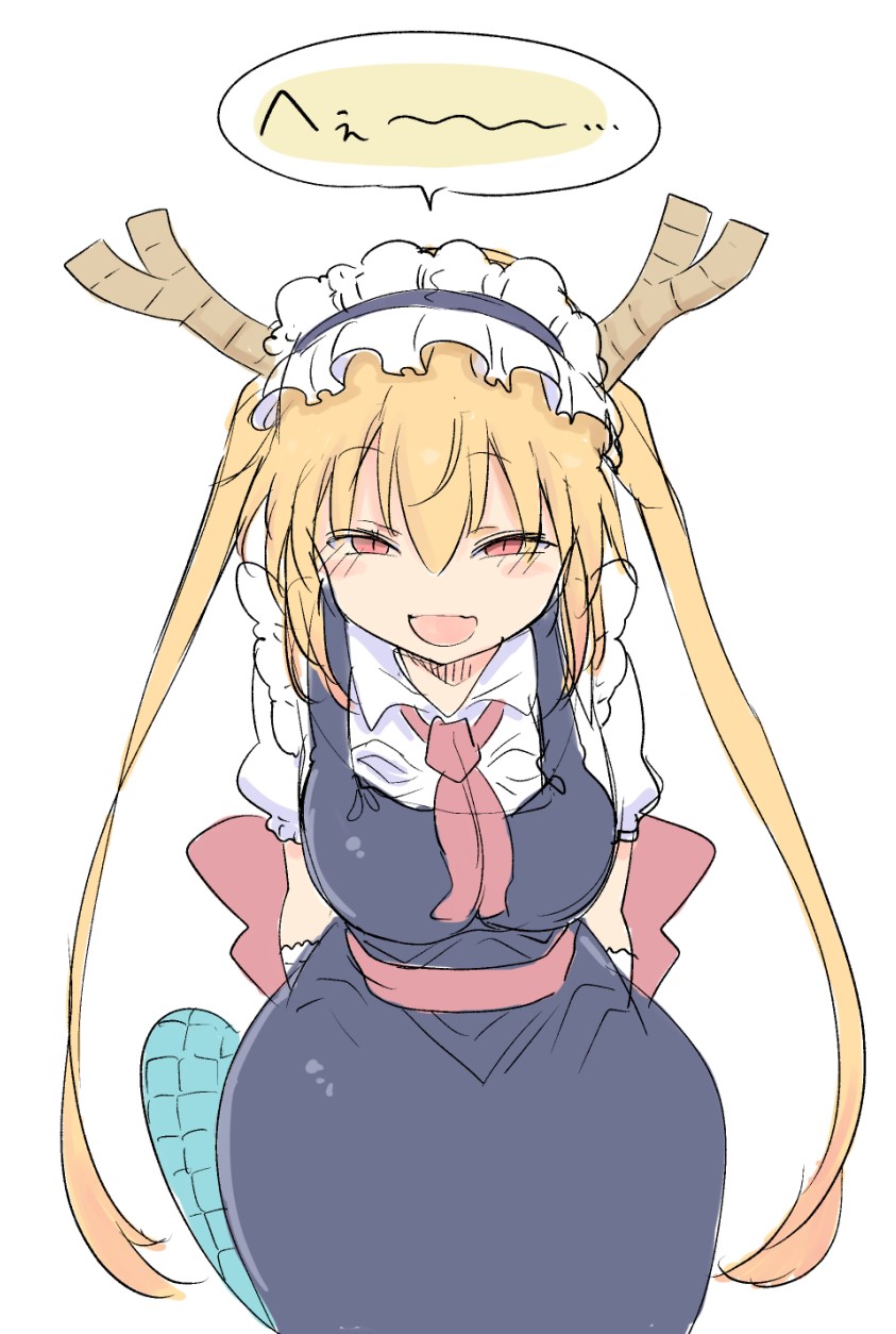 1girl blonde_hair blue_dress blush commentary_request cool-kyou_shinja dragon_girl dragon_horns dragon_tail dress highres horns kobayashi-san_chi_no_maidragon leaning_forward maid_headdress necktie open_mouth pinafore_dress puffy_short_sleeves puffy_sleeves red_eyes red_necktie shirt short_sleeves simple_background sketch sleeveless sleeveless_dress solo tail tohru_(maidragon) twintails white_background white_shirt