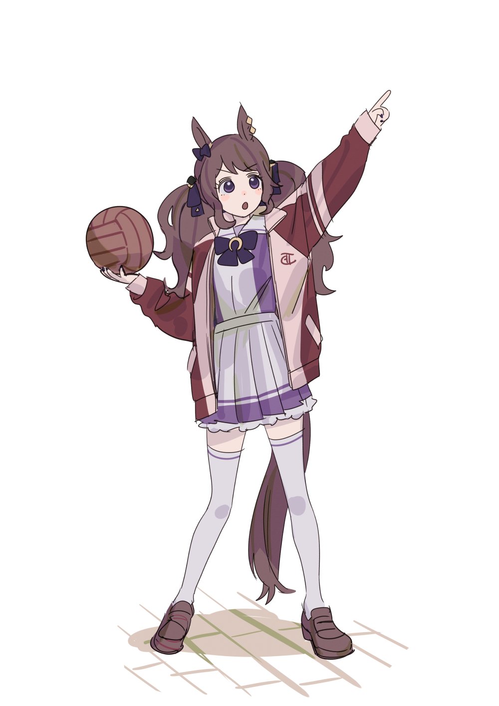 1girl animal_ears ball bow bowtie brown_footwear brown_hair fig_(lchijiku) full_body highres holding holding_ball horse_ears horse_girl horse_tail jacket loafers long_hair long_sleeves open_clothes open_jacket open_mouth outstretched_arm pointing pointing_up purple_shirt sailor_collar school_uniform shirt shoes skirt solo standing tail thigh-highs tosen_jordan_(umamusume) tracen_school_uniform tracen_training_uniform track_jacket twintails umamusume v-shaped_eyebrows violet_eyes volleyball white_skirt white_thighhighs