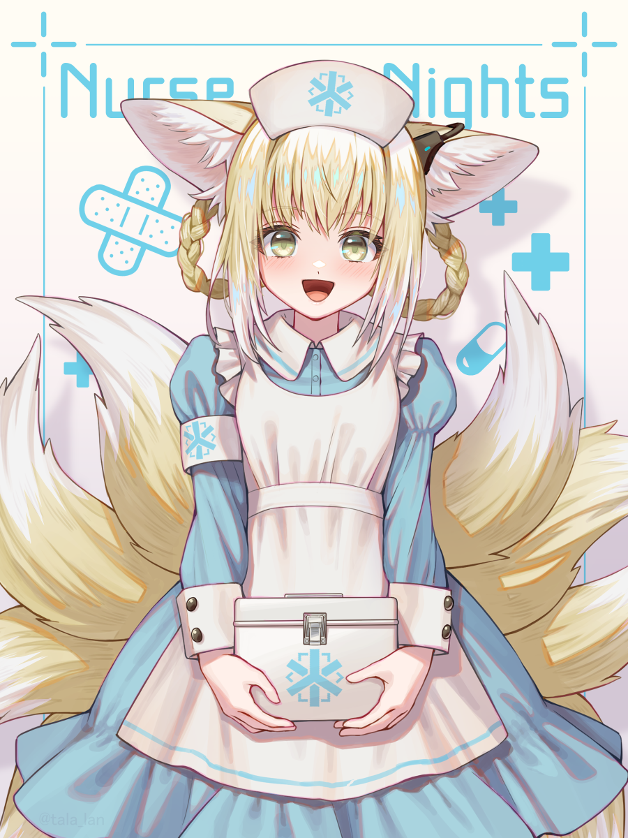 1girl :d alternate_costume animal_ear_fluff animal_ears apron arknights blonde_hair blue_dress blush braid collared_dress commentary dress earpiece fox_ears fox_tail frilled_apron frills green_eyes highres holding kitsune kyuubi long_sleeves looking_at_viewer medium_dress multicolored_hair multiple_tails nurse open_mouth puffy_long_sleeves puffy_sleeves short_hair smile solo suzuran_(arknights) tail tanagawa_makoto twin_braids two-tone_hair white_apron white_armband white_hair