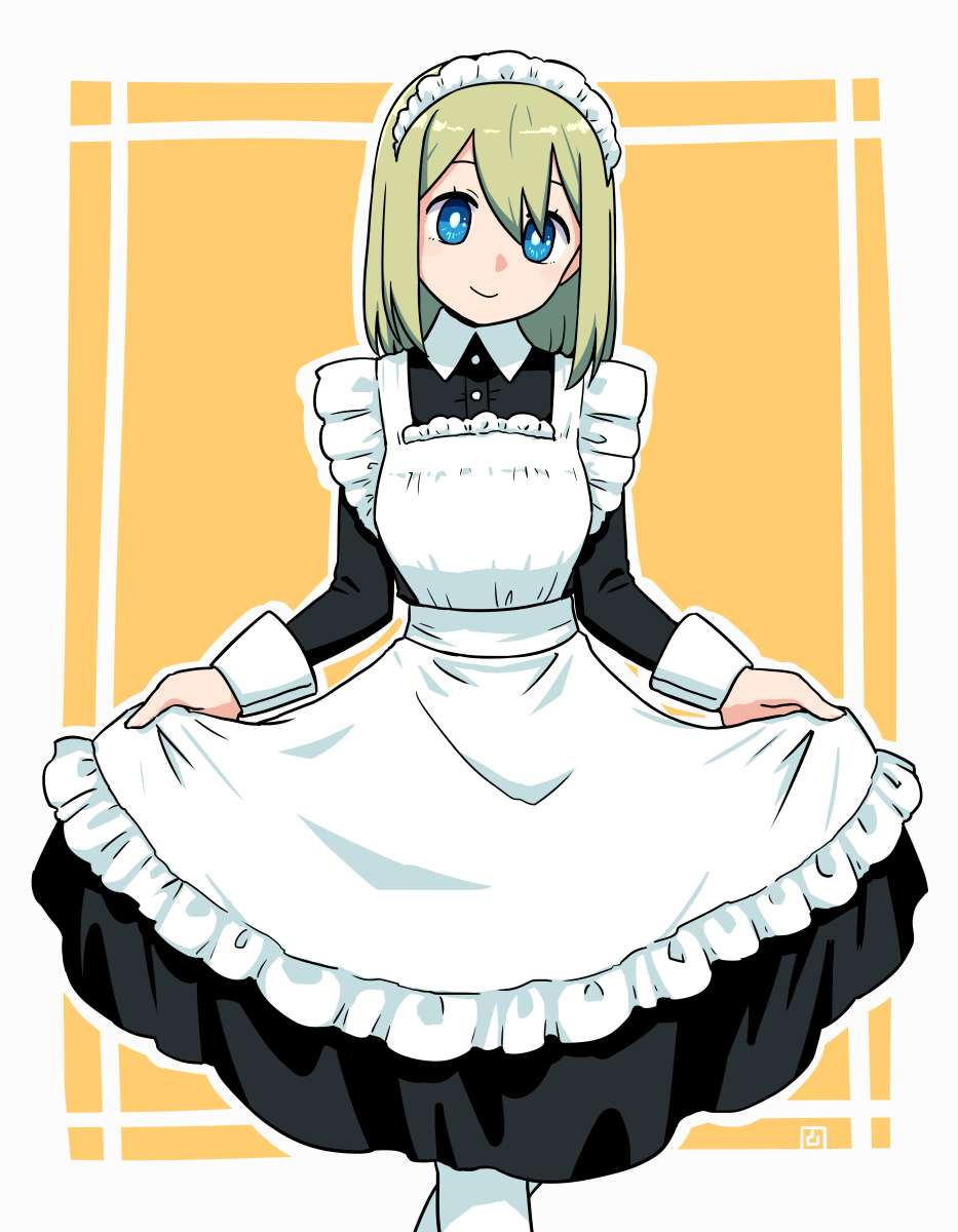 1girl alternate_costume apron black_dress blue_eyes closed_mouth collared_dress commentary_request curtsey dress enmaided feet_out_of_frame frilled_apron frills green_hair hair_between_eyes highres looking_at_viewer maid maid_apron maid_headdress muu_(mumumer) orange_background original pantyhose smile solo standing standing_on_one_leg two-tone_background white_apron white_background white_pantyhose yunomiya_agari