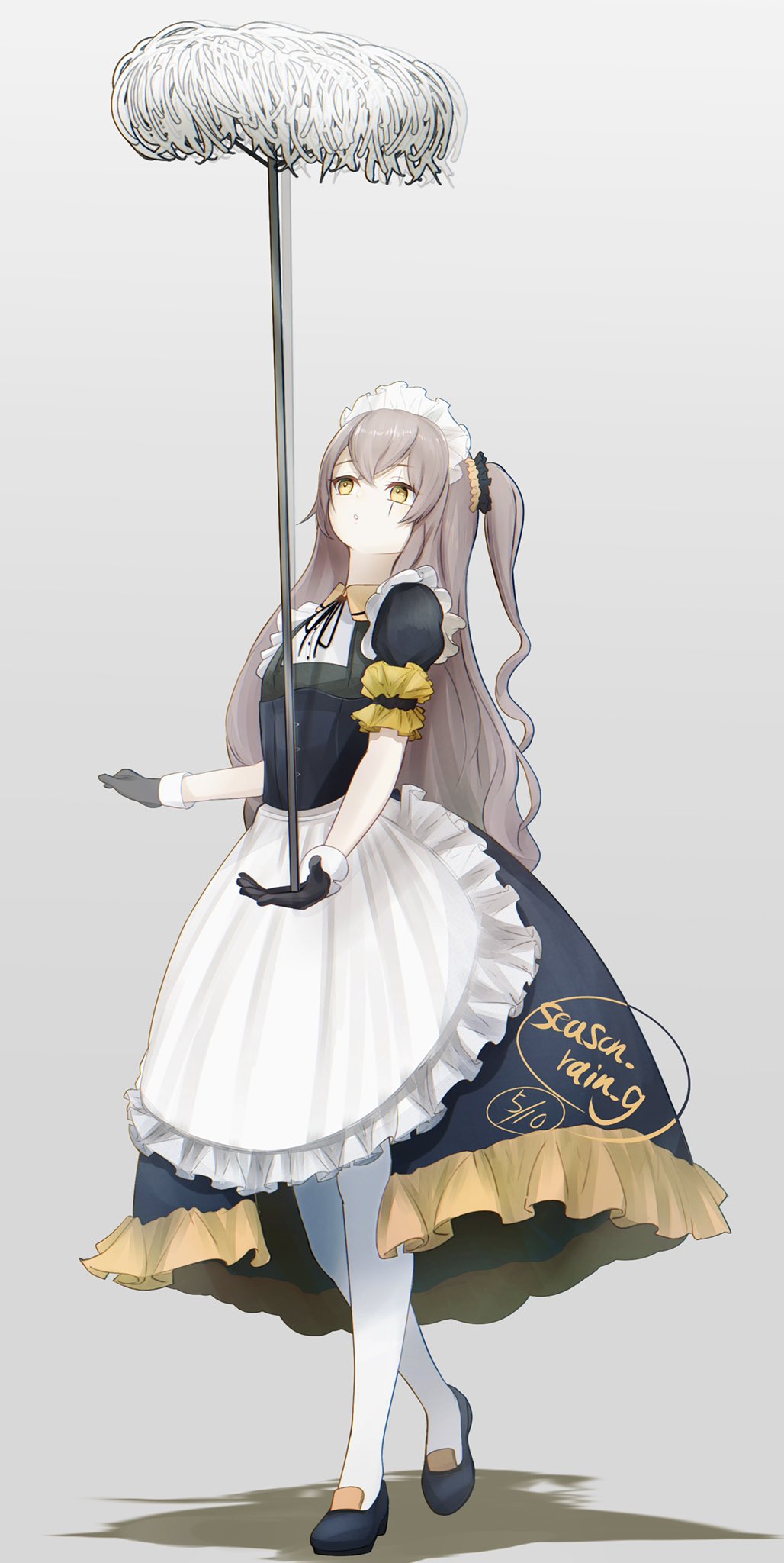 1girl alternate_costume apron balancing black_dress black_footwear black_gloves brown_hair commentary_request dress flat_chest frilled_apron frilled_dress frills full_body girls_frontline gloves grey_background guchagucha hair_ornament hair_scrunchie highres long_hair looking_up maid maid_day maid_headdress mop one_side_up parted_lips scar scar_across_eye scrunchie short_sleeves simple_background solo ump45_(girls'_frontline) waist_apron white_apron yellow_eyes